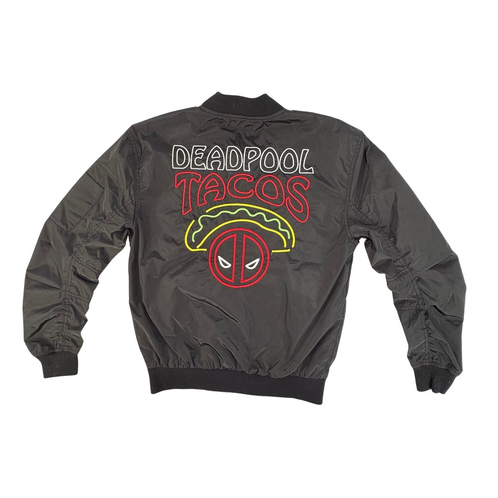 Marvel Deadpool Tacos Bomber Jacket Mens Small Black Full Zip Flight Jacket